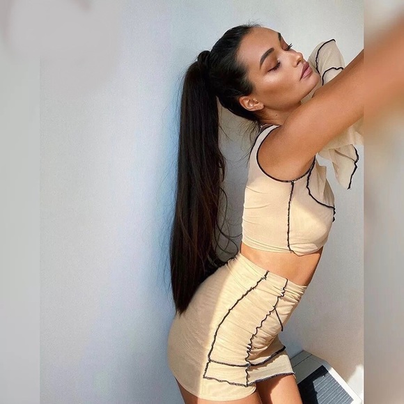 Nue Mesh Patchwork Piping Asymmetrical Bodycon Skirt Set Beach Mini Festival Set - Picture 3 of 6